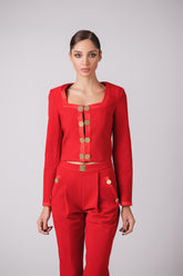 Tailored Jacket And Pant Set With Velour / Satin Trimmings And Gold Buttons